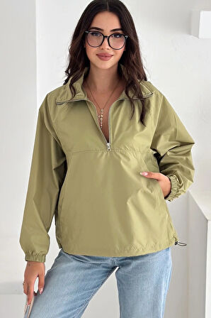 Yarım Fermuarlı Stoperli Fıstık Yeşili Yağmurluk