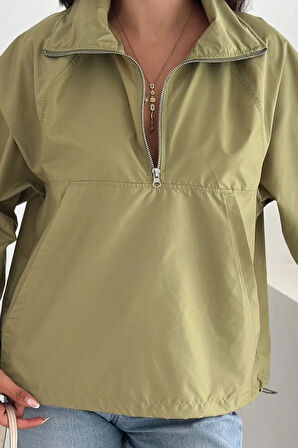 Yarım Fermuarlı Stoperli Fıstık Yeşili Yağmurluk