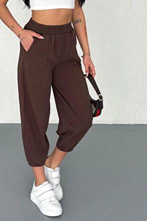 Kadın Pamuklu Bel Lastikli Dikiş Detaylı Kahve Gabardin Kumaş Pantolon