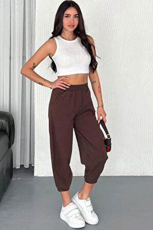Kadın Pamuklu Bel Lastikli Dikiş Detaylı Kahve Gabardin Kumaş Pantolon