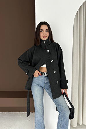 Belden Bağlamalı Düğmeli Kısa Kaşe Kaban