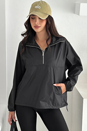 Yarım Fermuarlı Stoperli Siyah Yağmurluk