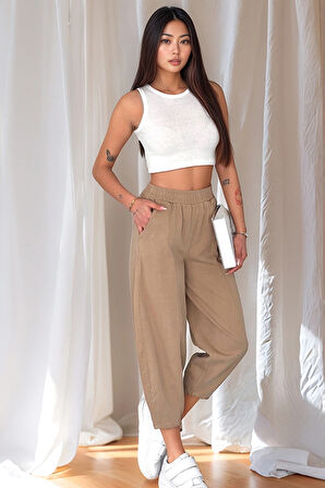 Kadın Pamuklu Bel Lastikli Dikiş Detaylı Camel Gabardin Kumaş Pantolon