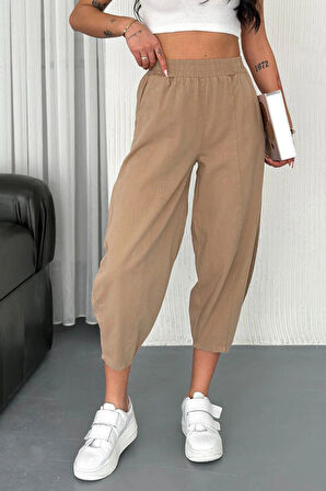 Kadın Pamuklu Bel Lastikli Dikiş Detaylı Camel Gabardin Kumaş Pantolon