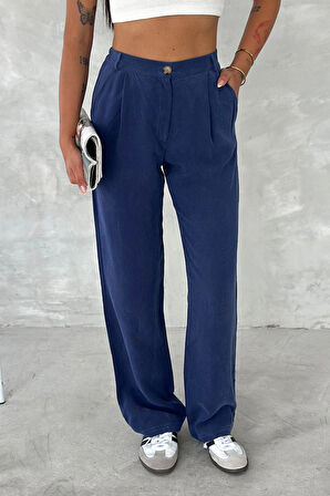 Kadın Eco-Touch Pantolon – Cepli, Lastikli Bel, Günlük Rahat Kesim Lacivert