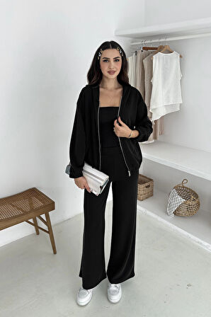 Beli Lastikli Fermuarlı Kapşonlu Premium Kalite Modal Takım