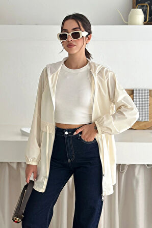 Kapşonlu Fermuarlı Bağcıklı Uzun Yağmurluk