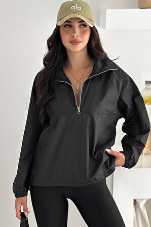 Yarım Fermuarlı Stoperli Siyah Yağmurluk