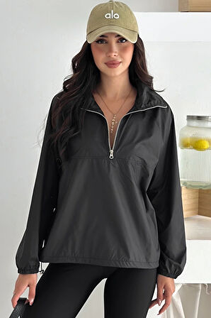 Yarım Fermuarlı Stoperli Siyah Yağmurluk