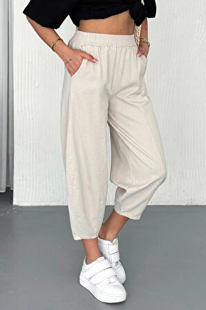 Kadın Pamuklu Bel Lastikli Dikiş Detaylı Bej Gabardin Kumaş Pantolon