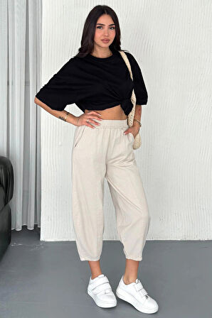 Kadın Pamuklu Bel Lastikli Dikiş Detaylı Bej Gabardin Kumaş Pantolon