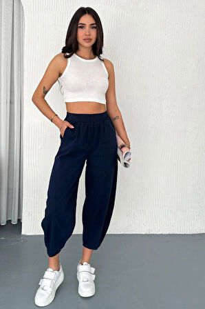 Kadın Pamuklu Bel Lastikli Dikiş Detaylı Lacivert Gabardin Kumaş Pantolon