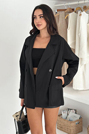 Kısa Trençkot Düğmeli Siyah