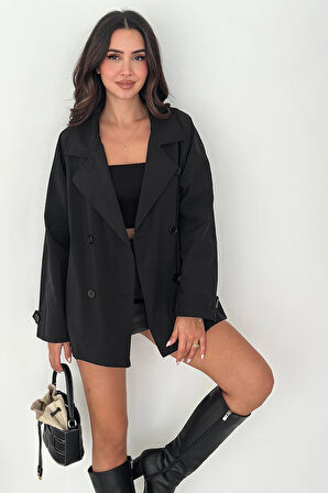 Kısa Trençkot Düğmeli Siyah