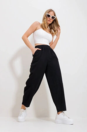 Kadın Siyah Gabardin Şalvar Pantolon – Lastikli Bel, Cepli, Rahat Kesim