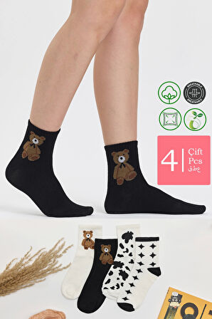 4'Çift Bear Star İşlemeli Kolej Çorap Seti