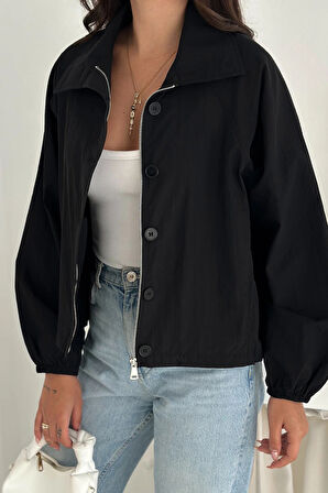 Stoperli Düğmeli Siyah Ceket