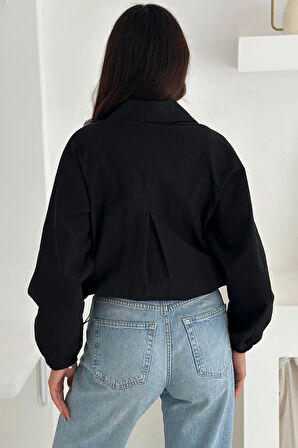 Stoperli Düğmeli Siyah Ceket
