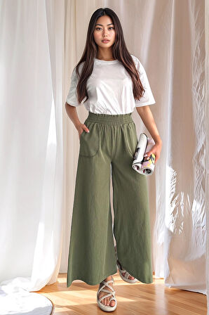 Kadın Bel Lastikli Cepli Bol Paça KotonHaki Pantolon