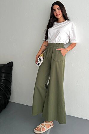 Kadın Bel Lastikli Cepli Bol Paça KotonHaki Pantolon