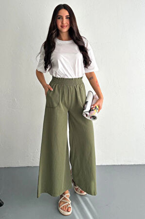 Kadın Bel Lastikli Cepli Bol Paça KotonHaki Pantolon