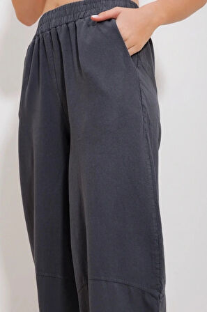 Kadın Füme Gabardin Şalvar Pantolon – Lastikli Bel, Cepli, Rahat Kesim