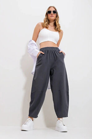 Kadın Füme Gabardin Şalvar Pantolon – Lastikli Bel, Cepli, Rahat Kesim