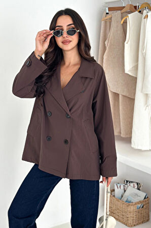 Kısa Trençkot Düğmeli Acı Kahve