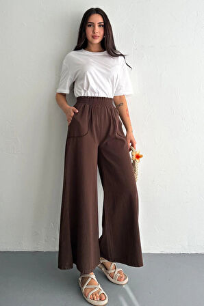 Kadın Bel Lastikli Cepli Bol Paça Koton Kahve Pantolon