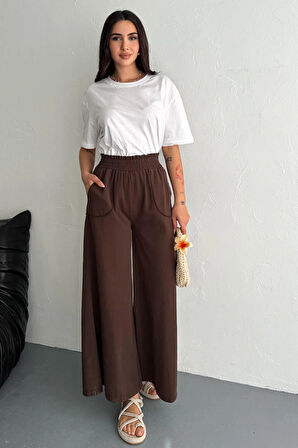 Kadın Bel Lastikli Cepli Bol Paça Koton Kahve Pantolon