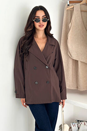 Kısa Trençkot Düğmeli Acı Kahve