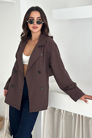 Kısa Trençkot Düğmeli Acı Kahve