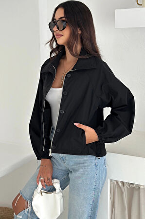 Stoperli Düğmeli Siyah Ceket