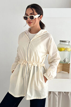 Kapşonlu Fermuarlı Bağcıklı Uzun Yağmurluk