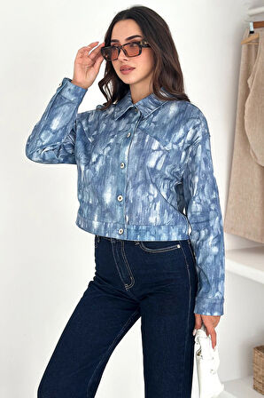 Kısa Gabardin Batik Baskılı Ceket