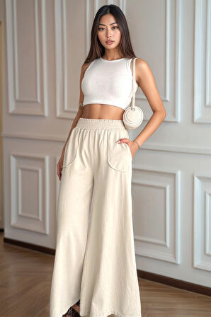 Kadın Bel Lastikli Cepli Bol Paça Koton Bej Pantolon