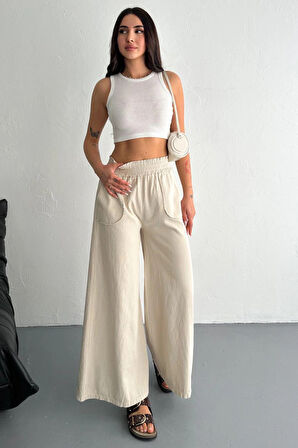 Kadın Bel Lastikli Cepli Bol Paça Koton Bej Pantolon