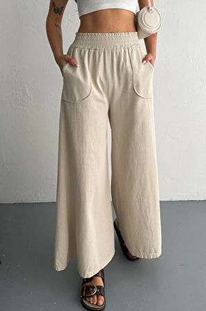 Kadın Bel Lastikli Cepli Bol Paça Koton Bej Pantolon