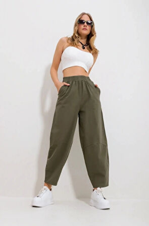 Kadın Haki Gabardin Şalvar Pantolon – Lastikli Bel, Cepli, Rahat Kesim