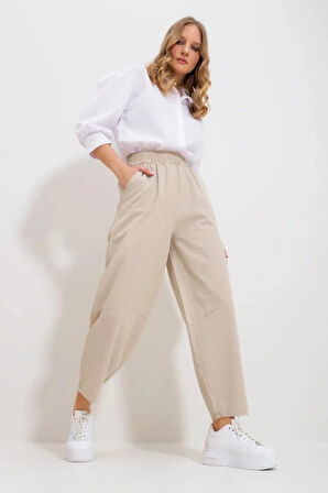 Kadın Bej Gabardin Şalvar Pantolon – Lastikli Bel, Cepli, Rahat Kesim