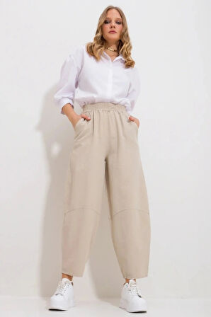 Kadın Bej Gabardin Şalvar Pantolon – Lastikli Bel, Cepli, Rahat Kesim