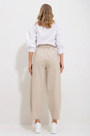 Kadın Bej Gabardin Şalvar Pantolon – Lastikli Bel, Cepli, Rahat Kesim