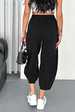 Kadın Pamuklu Bel Lastikli Dikiş Detaylı Siyah Gabardin Kumaş Pantolon