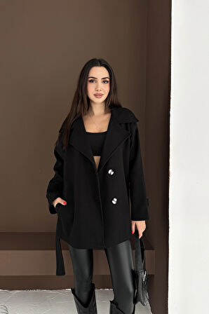 Belden Bağlamalı Düğmeli Kısa Kaşe Kaban