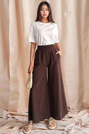 Kadın Bel Lastikli Cepli Bol Paça Koton Kahve Pantolon