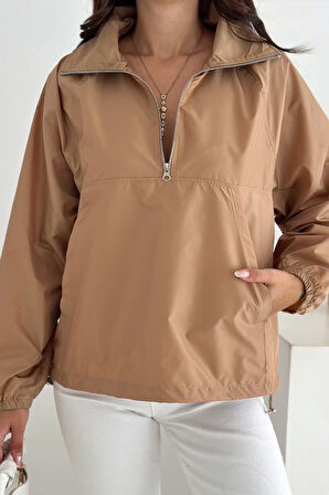 Yarım Fermuarlı Stoperli Camel Renk Yağmurluk