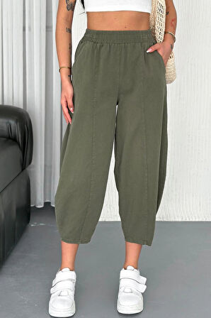Kadın Pamuklu Bel Lastikli Dikiş Detaylı Haki Gabardin Kumaş Pantolon