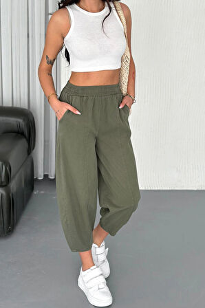 Kadın Pamuklu Bel Lastikli Dikiş Detaylı Haki Gabardin Kumaş Pantolon