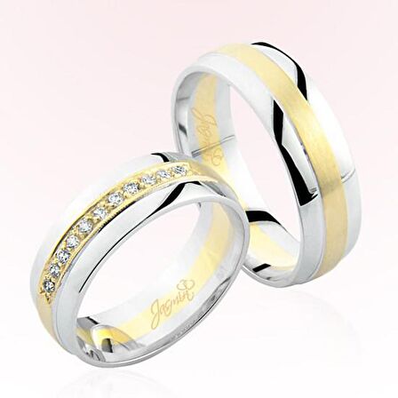 Harem Altın Beyaz Sarı Şeritli Taşlı Altın Alyans 4407