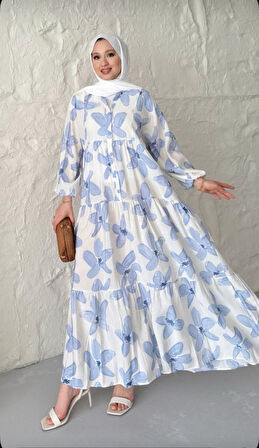 MODAL KUMAŞ ÇİÇEKLİ DÜĞMELİ ELBİSE - MAVİ